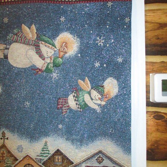 Debbie Mumm Glittery Snowy Tapestry Wall Hanging With Flying Snowmen & Houses - Picture 4 of 4